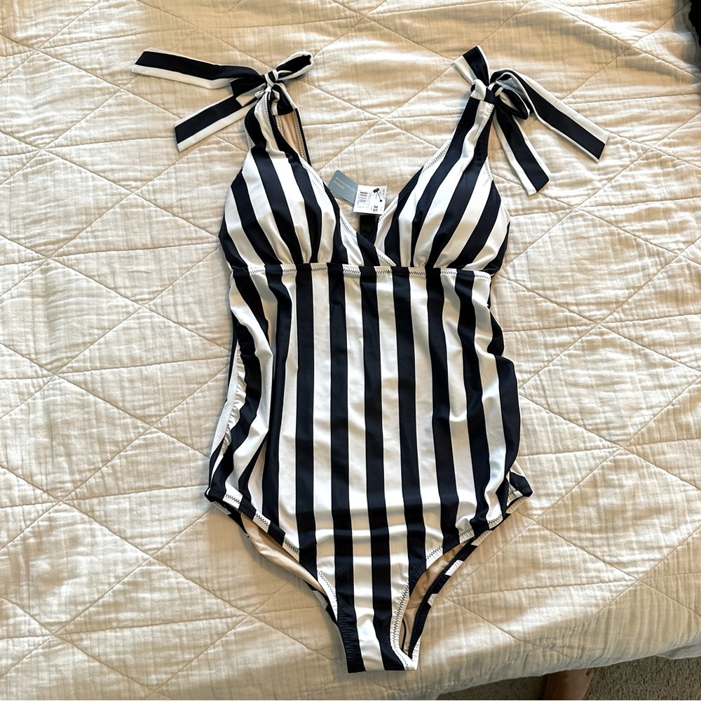 A Pea in the Pod navy and white striped maternity one piece swimsuit